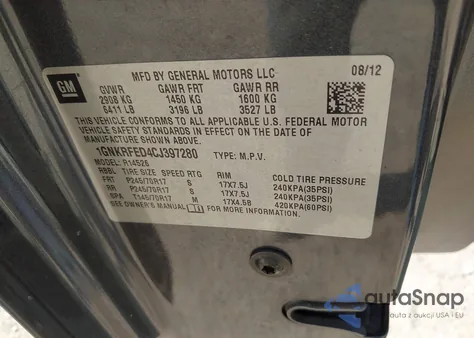 2012 Chevrolet Traverse Ls z USA, uszkodzony, nr VIN 1GNKRFED4CJ397280